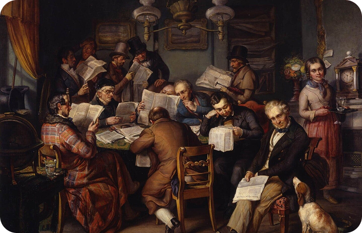 Historical painting of people in a library