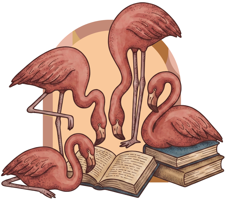 Flamingos gathered around books